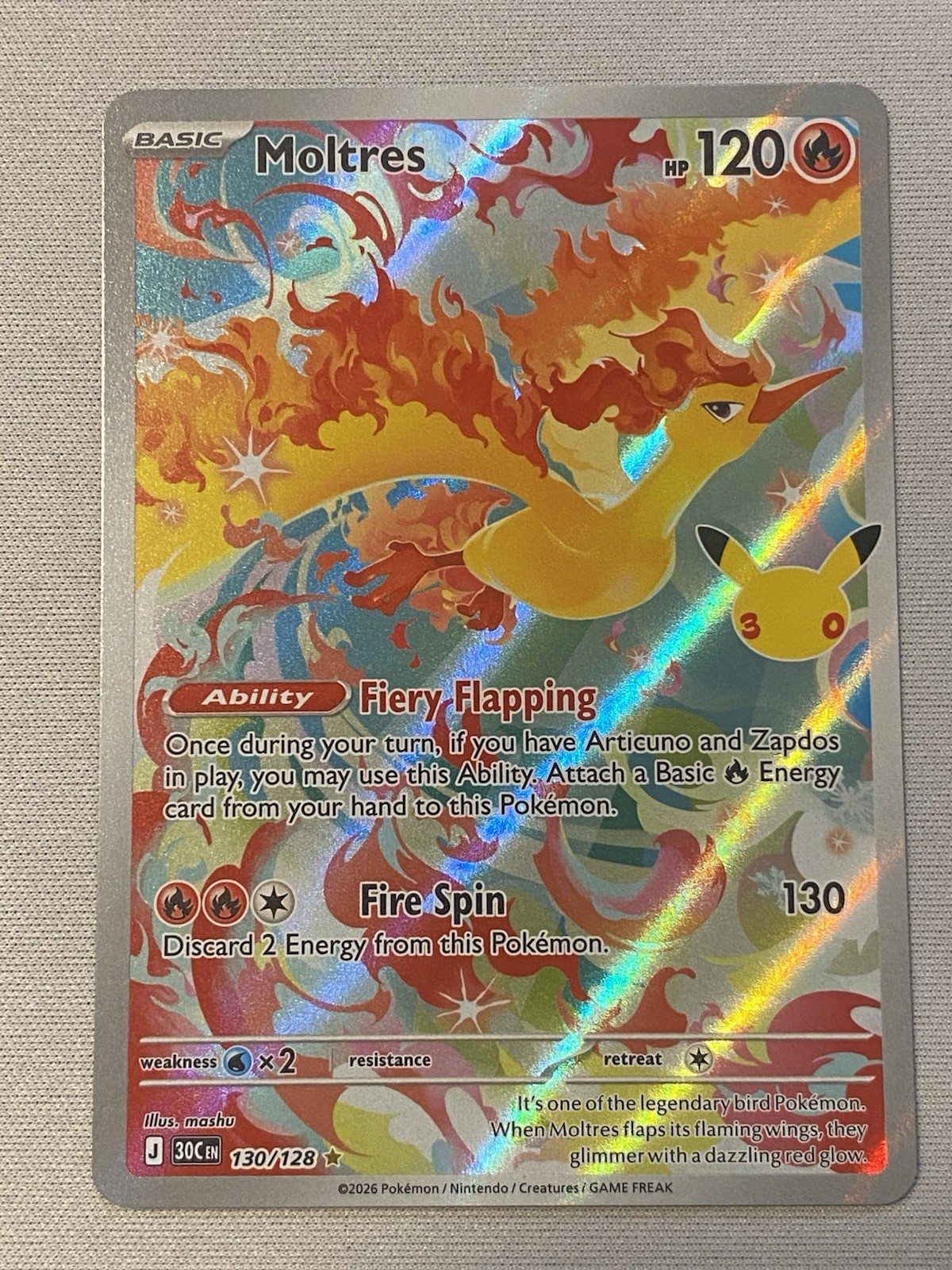 Moltres 130/128 - ME: 30th Celebration Illustration Rare Pokemon NM/M