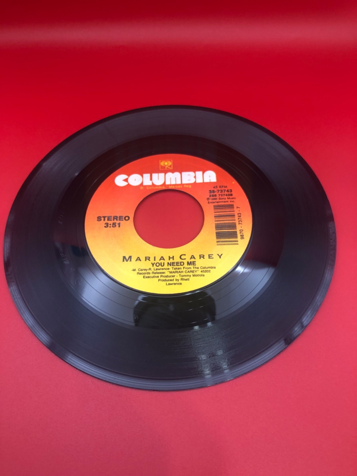 Mariah Carey – You Need Me / I Don't Wanna Cry 7" Single 1990 Columbia Pop 45 nm