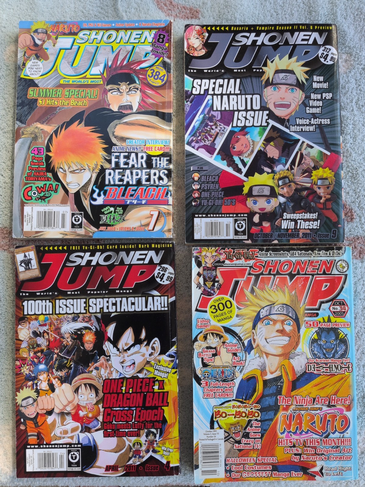 Lotto 4 riviste manga Shonen Jump - numeri #100 Naruto Bleach - senza carte