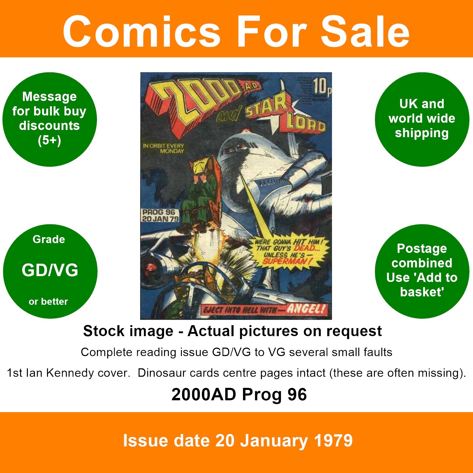 2000AD prog #96 comic - GD/VG - 1st Ian Kennedy cover - Jan 1979