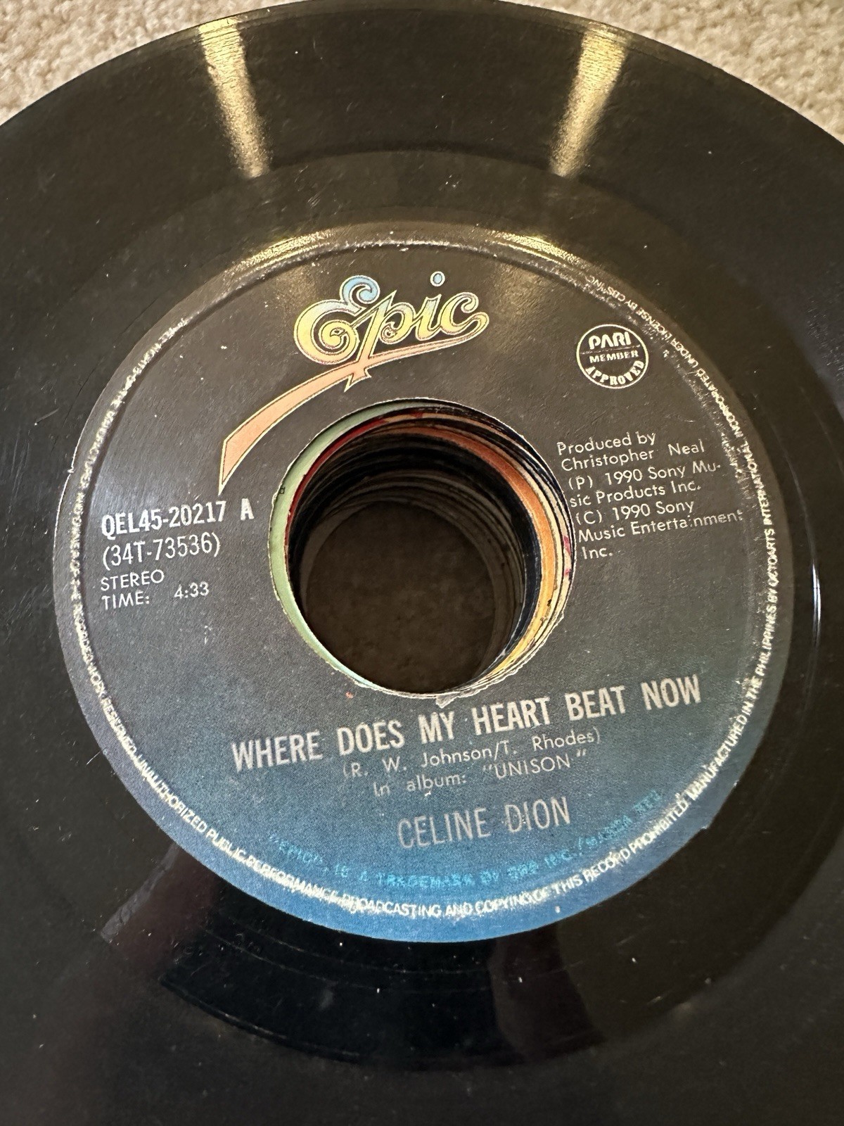 Celine Dion 45 rpm Philippines 7" Where Does My Heart Beats Now
