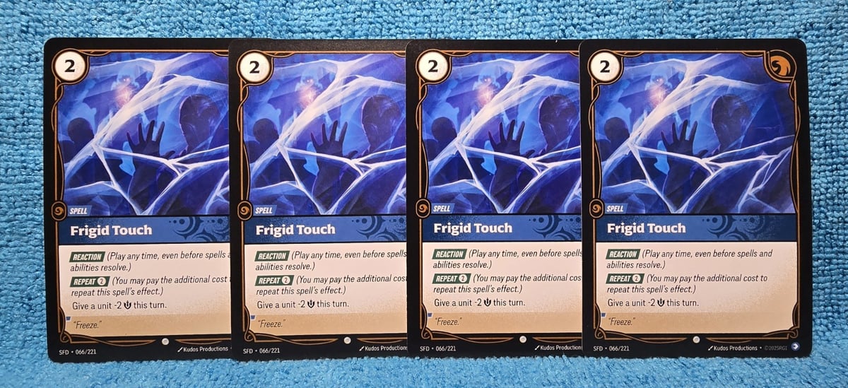 Lotto carte Riftbound Spiritforged Frigid Touch 066/221 x4 quasi nuove