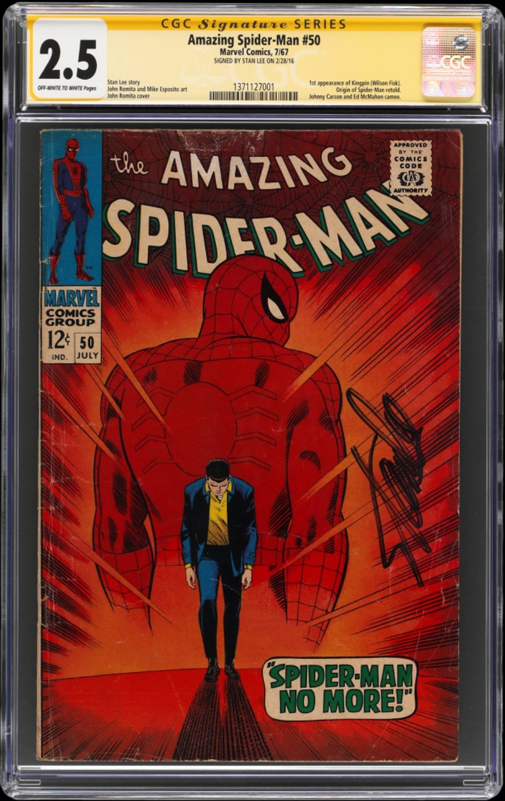 Firmato Stan Lee Spider-Man #50 Marvel Comics luglio 1967 copertina iconica auto CGC 2.5