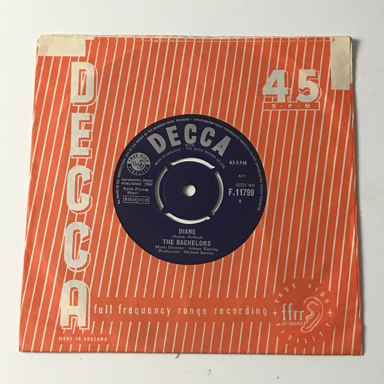 The Bachelors - Diane First Press 7" Vinyl Record - F.11799 VG+/VG+