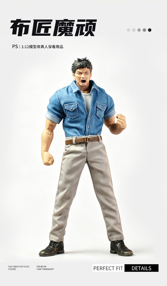1/12 Blue Roll Cuff Denim Shirt Casual Pants W/ Belt Fit 6'' Muscular Figure