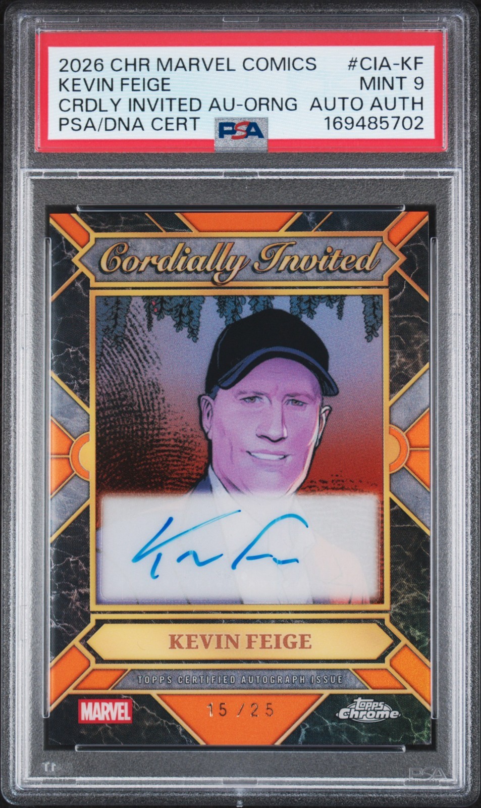 2026 Topps Chrome Marvel Kevin Feige Cordialmente invitato arancione automatico /25 PSA 9!