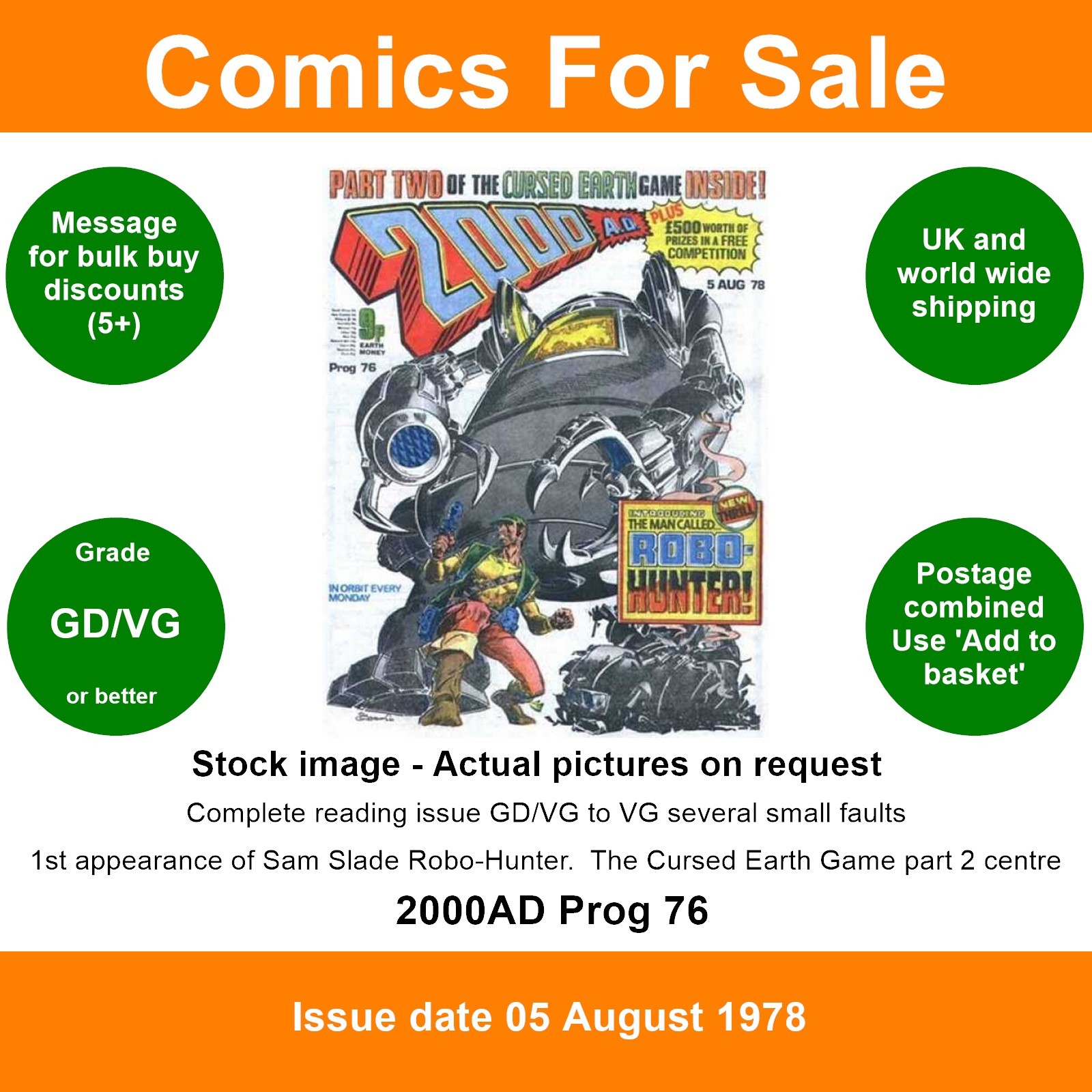 2000AD prog #76 comic - GD/VG - First Sam Slade - 05 August 1978