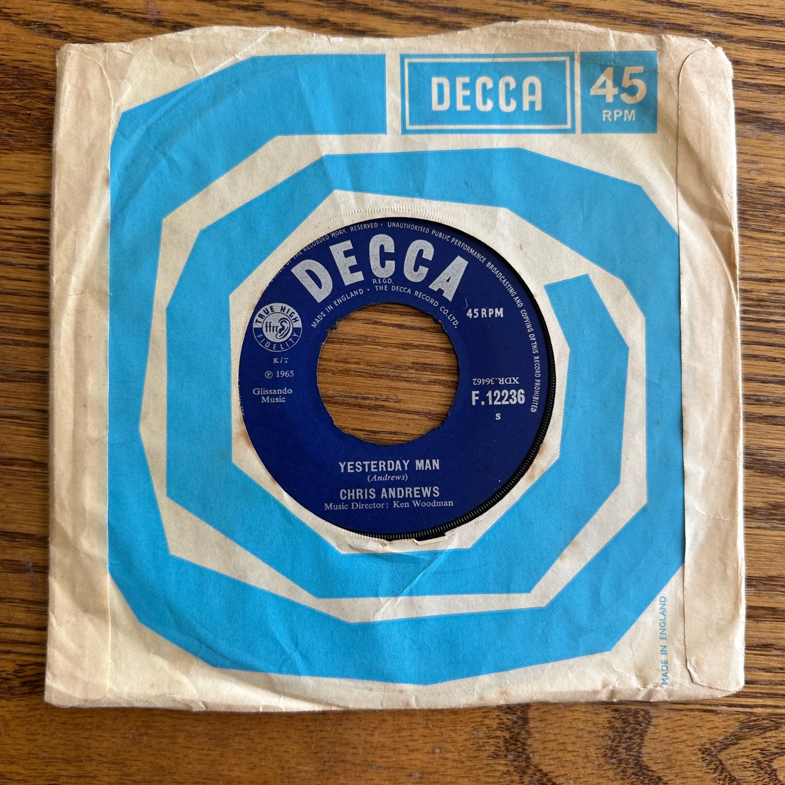 Chris Andrews – Yesterday Man 7" Single Record 1965 DECCA Pop 45 RPM