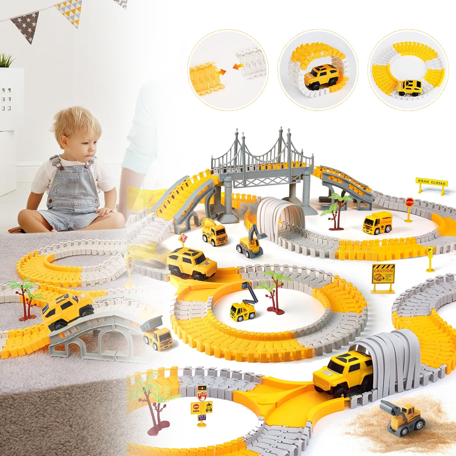 Autodromo per bambini, pista, auto ed escavatore giocattolo, giocattolo ferroviario fai da te