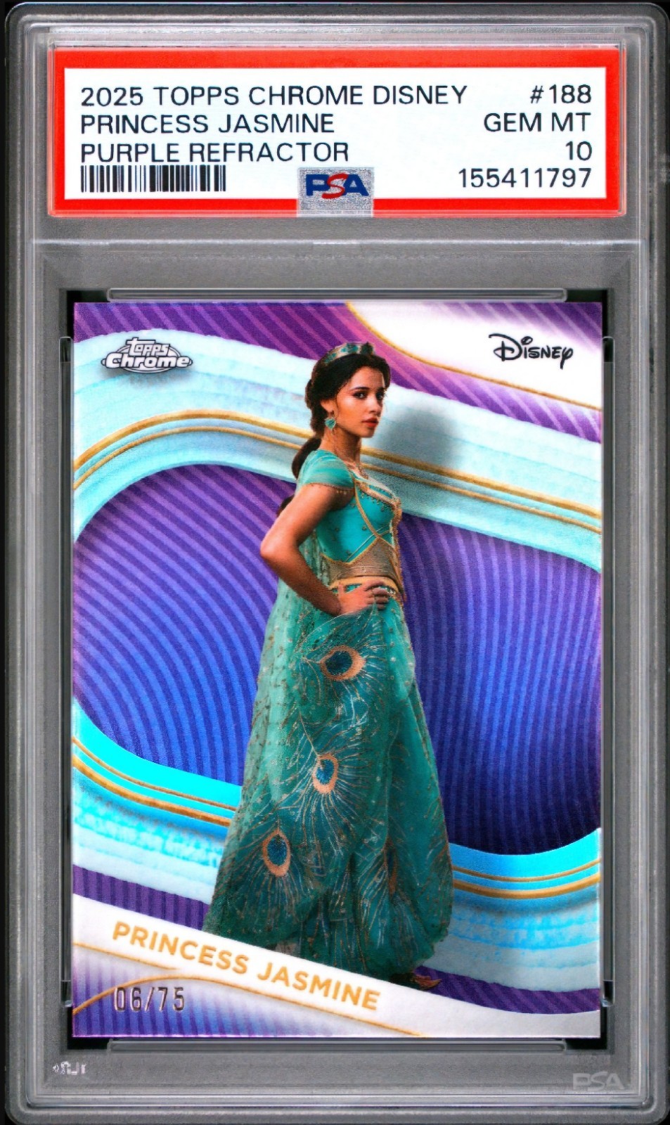 2025 Princess Jasmine Topps Chrome Disney #188 rifrattore onda viola/75 PSA 10