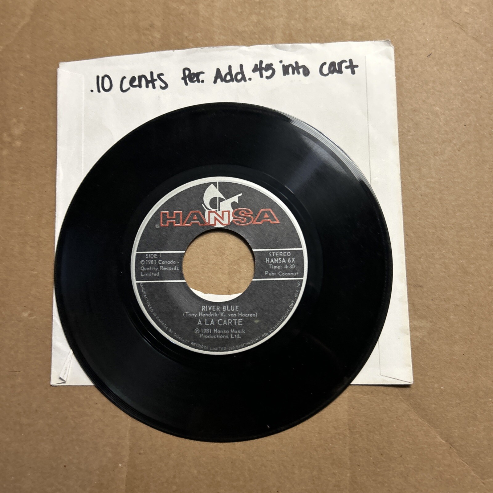 A La Carte River Blue/Morning Songbird 1981 Hansa Records 45