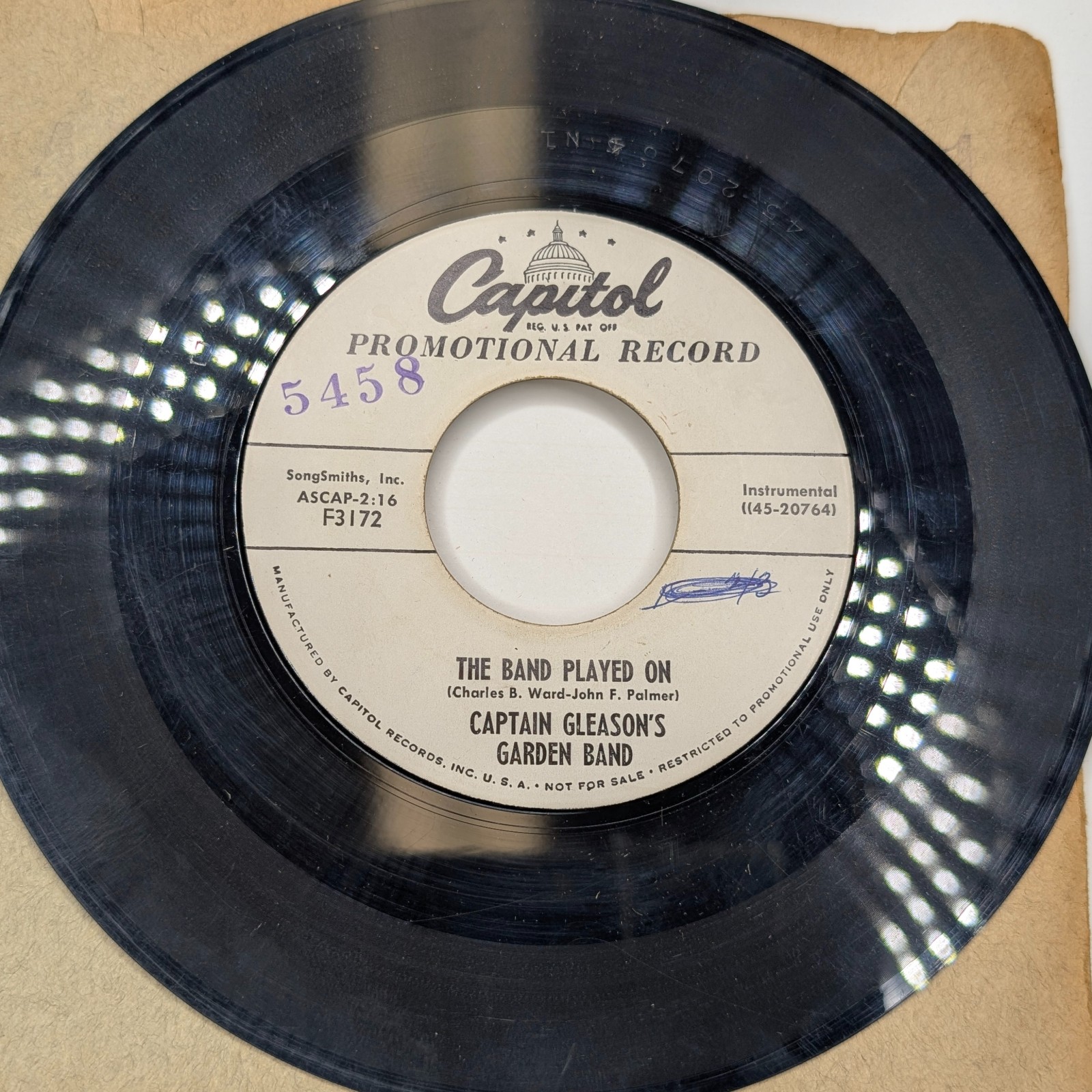 1955 Captain Gleason's Garden Band Capitol PROMO 45 RPM Band Played Summer Time