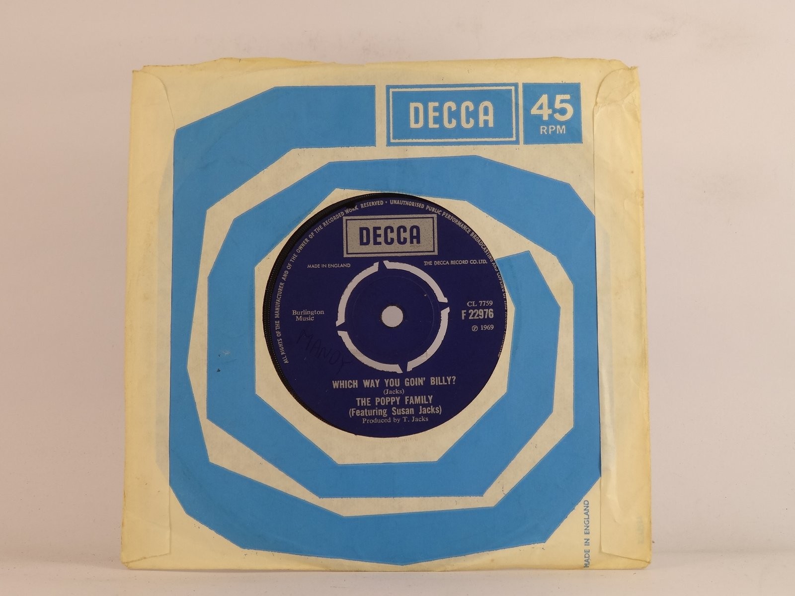 THE POPPY FAMILY ENDLESS SLEEP (110) 2 Track 7" Single plus Company Sleeve DECCA