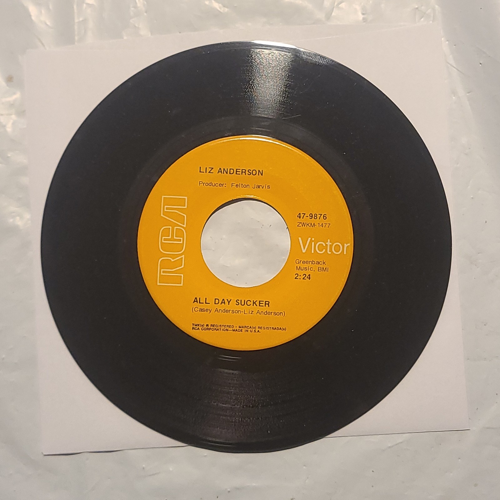 Liz Anderson - All Day Sucker/ Wonder If I'll Feel This Bad Tomorrow - 45 Record