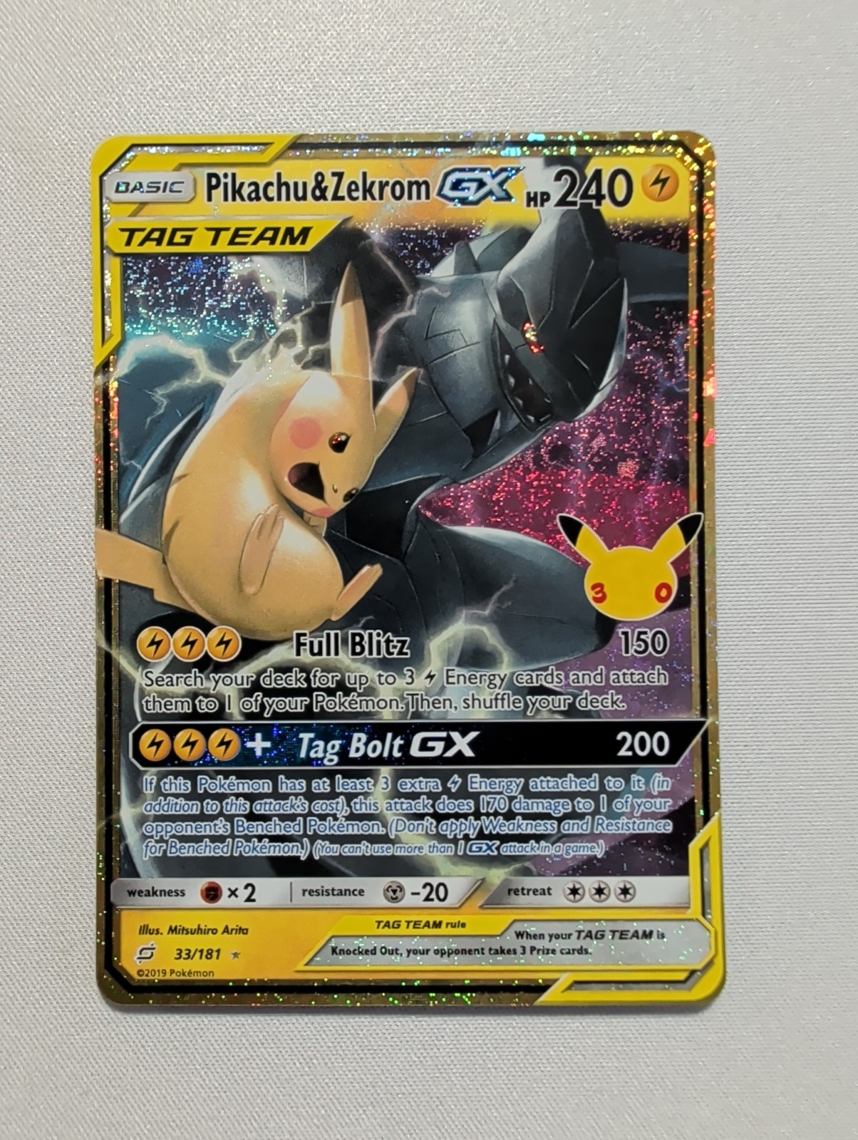 2026 Pokemon Pikachu & Zekrom GX 33/181 30° Celebrazione TAG TEAM Holo NM