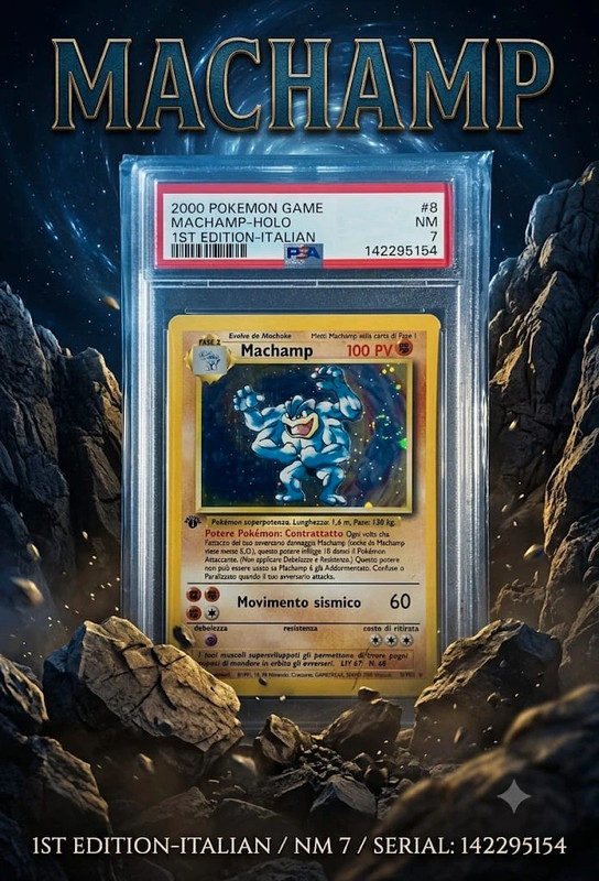 Card Pokémon 🥊 Machamp Holo 8/102 - 1ª Ediz. Set Base ITA 2000 Gradato PSA 7 NM