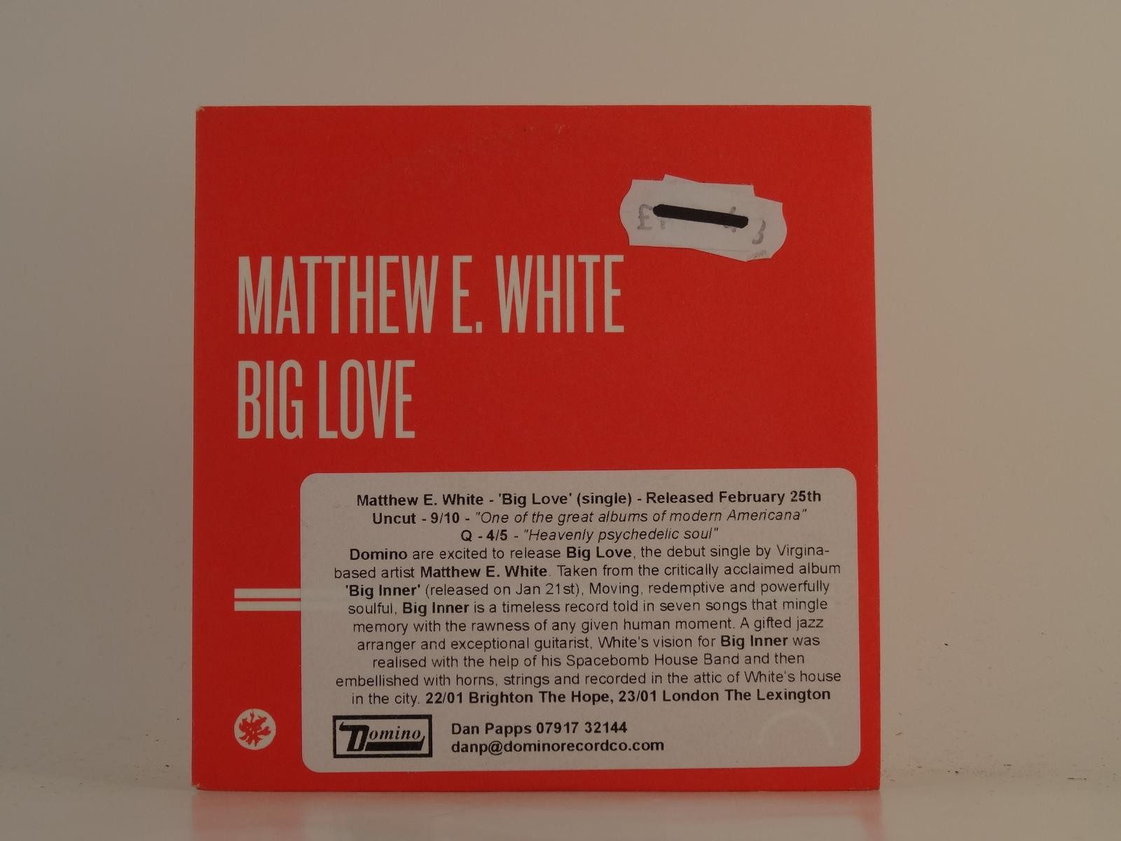 MATTHEW E WHITE BIG LOVE (H1) 1 Track Promo CD Single including Card Sleeve DOMI