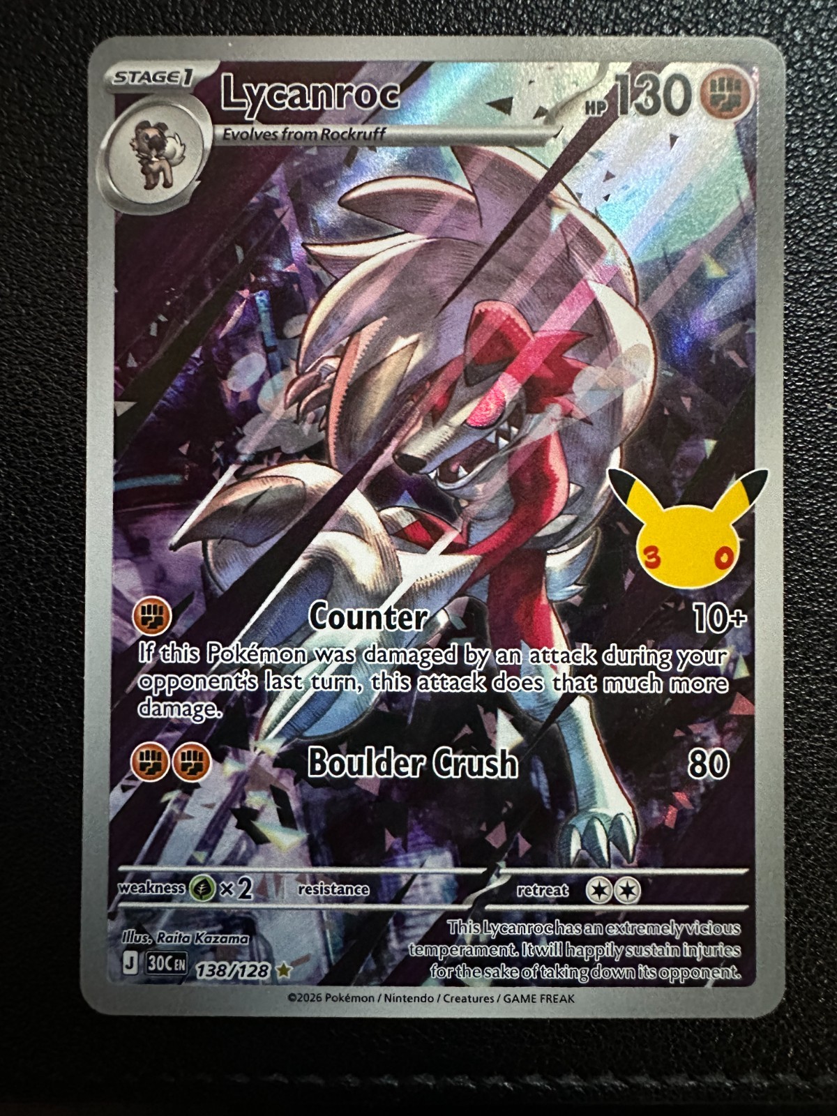Pokemon TCG Lycanroc 138/128 Me: 30th Celebration Illustration Rare NM Holo Card