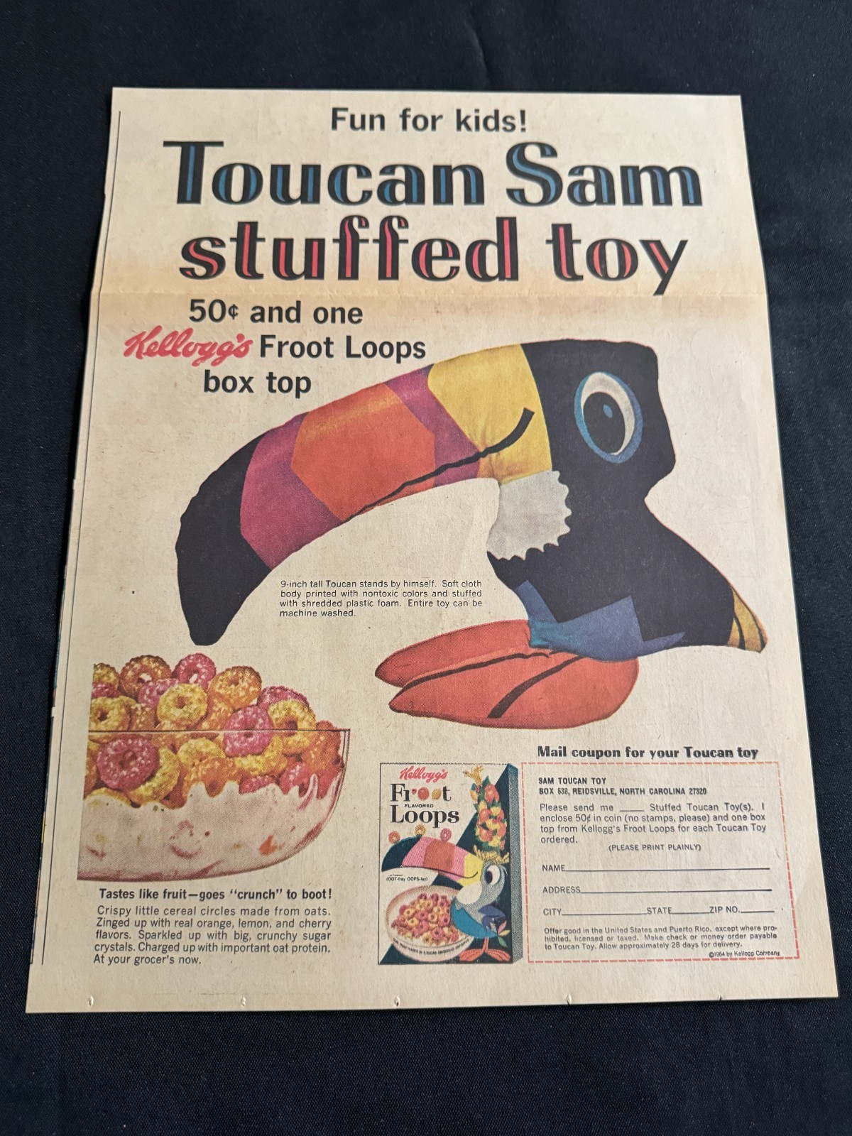 #01 Kellogg's FROOT LOOPS Sunday Comics Section Ad TOUCAN SAM OFFER 1964