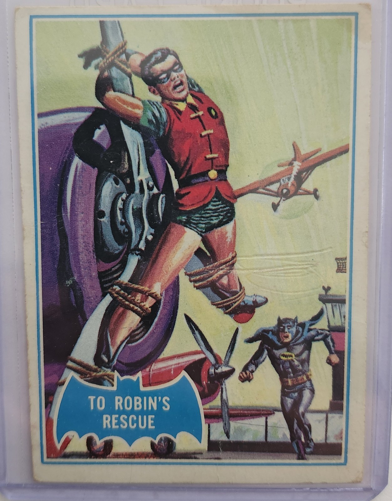 Vintage 1966 Topps Batman Blue Bat Logo #11B TO ROBIN'S RESCUE