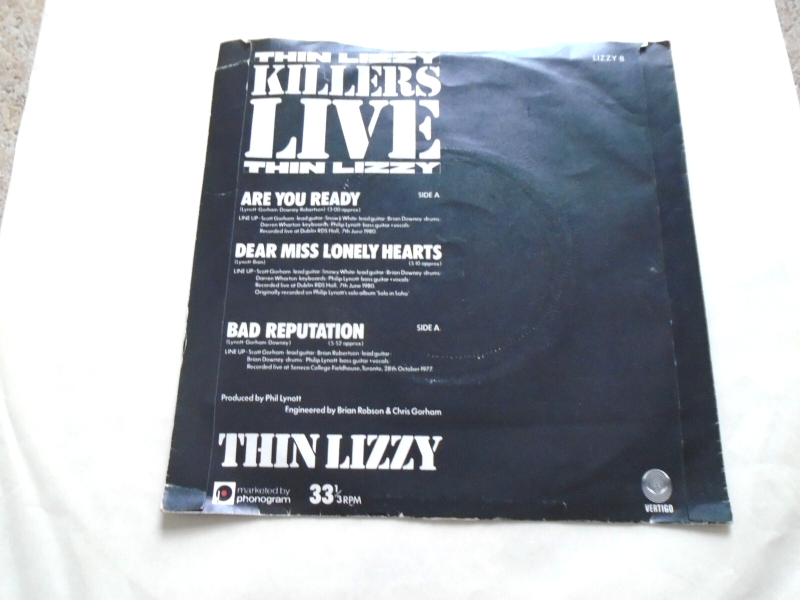 THIN LIZZY / KILLERS LIVE / 33rpm RECORD / PLAY TESTED / BAD REPUTATION LIZZY 8