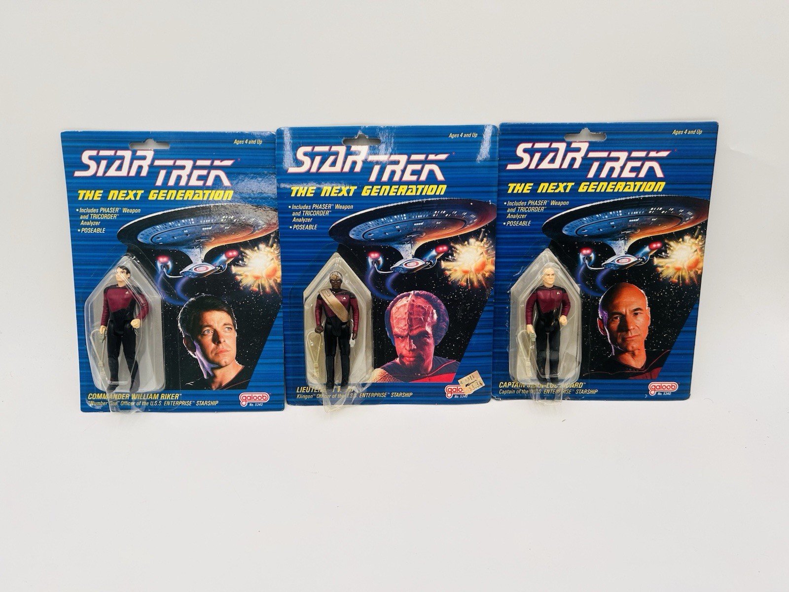 Vintage Star Trek The Next Generation Action Figures Set Of 3 Galoob 1988 NOS