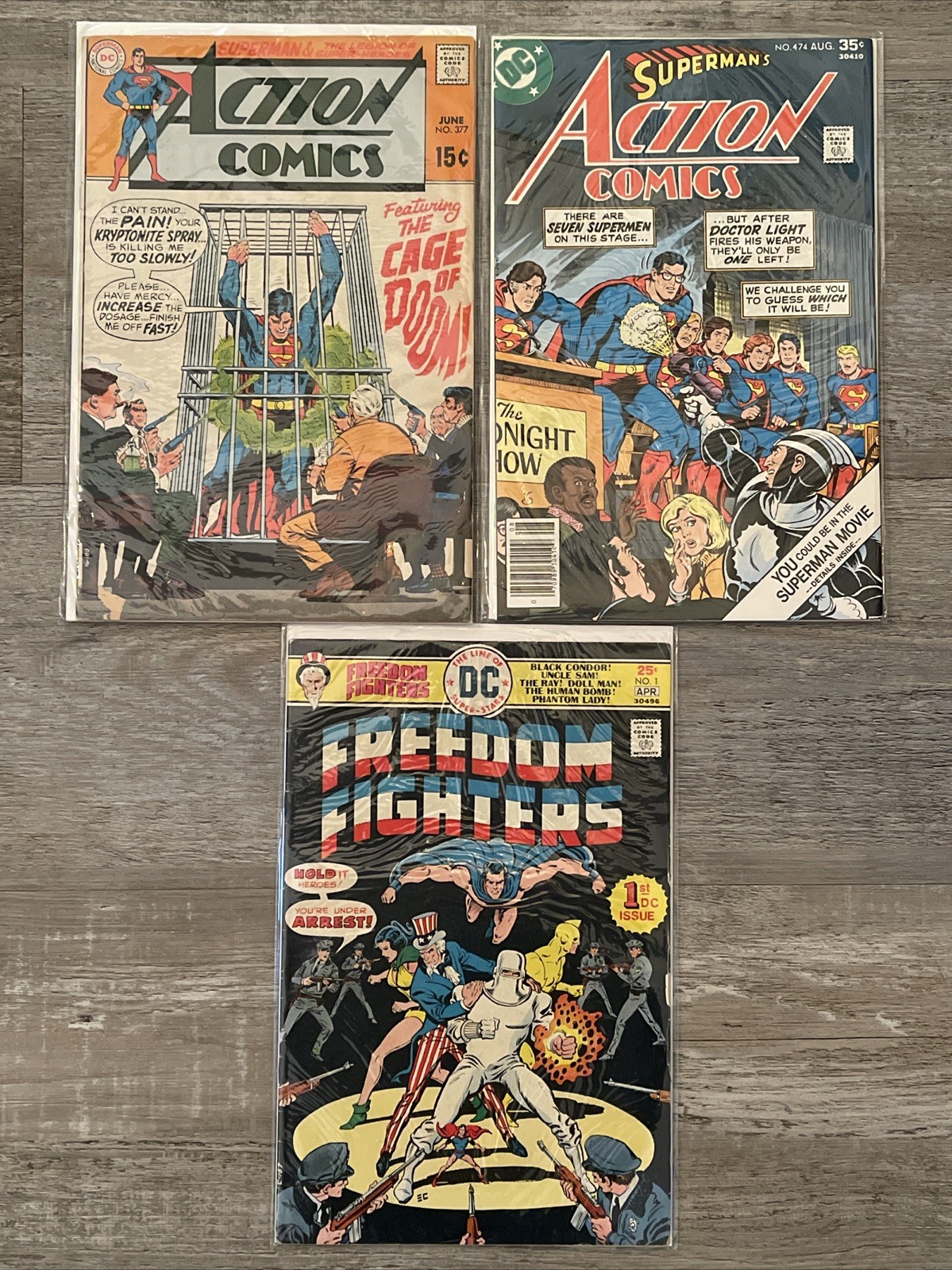 Vtg Superman DC Comic Lot(x3) Action Comics #377 & #474, Freedom Fighters #1 B&B