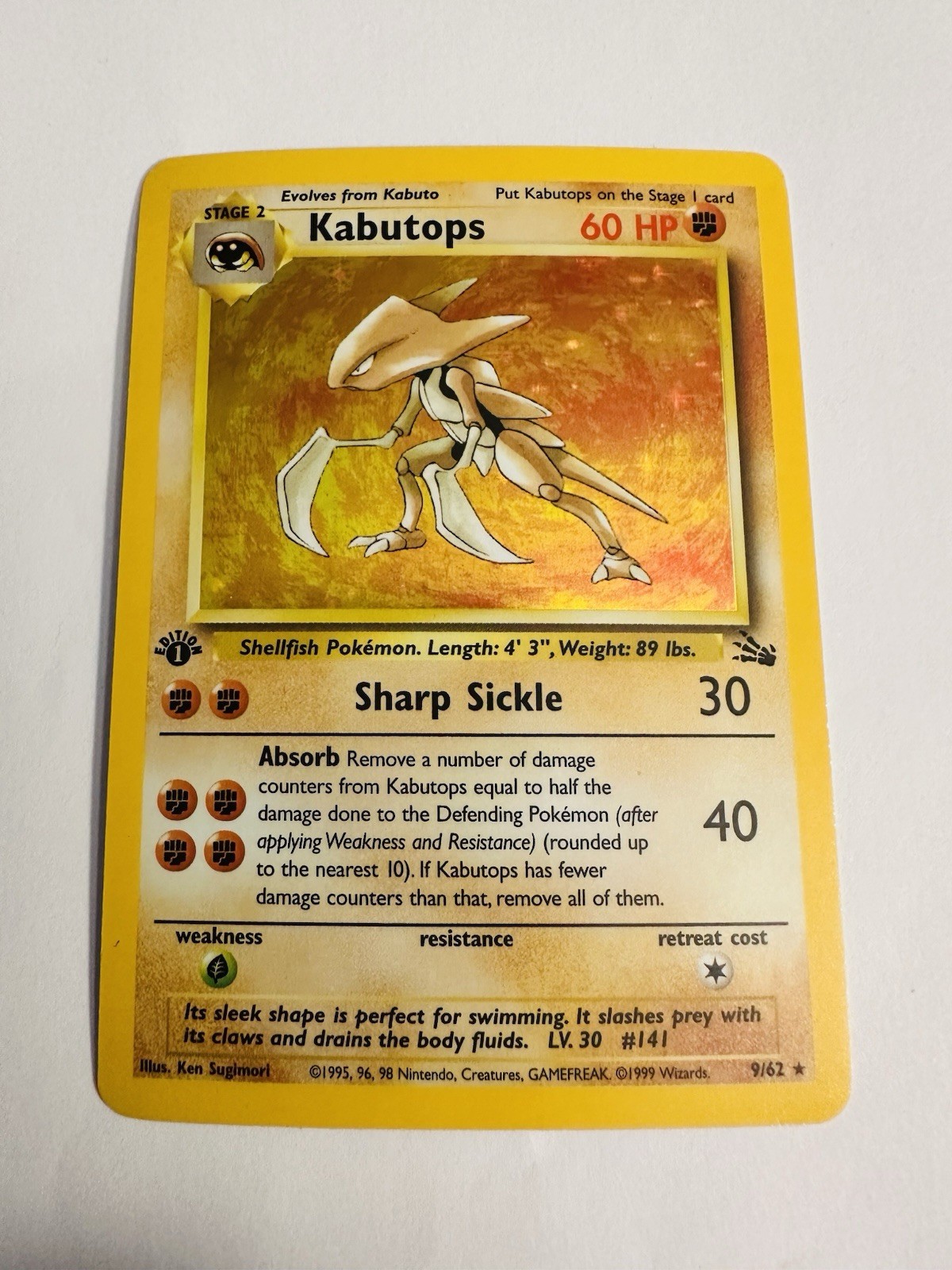 Pokémon Kabutops Fossil Holo Raro 1° Edizione 9/62 60 HP Stage 2 1999