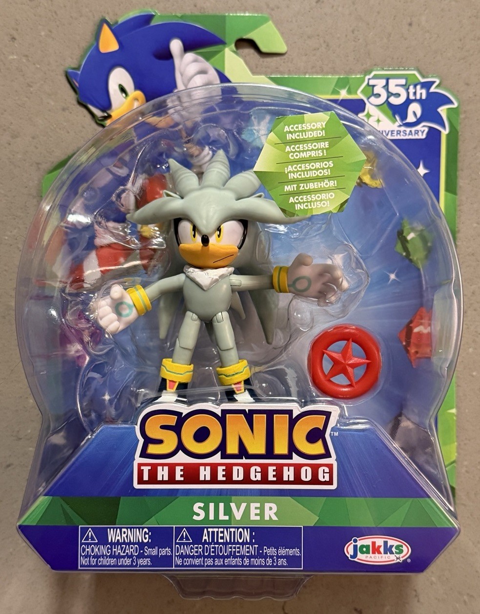 Sonic The Hedgehog - Argento con Anello Rosso - 35° Anniversario - Jakks Pacific - Nuovo