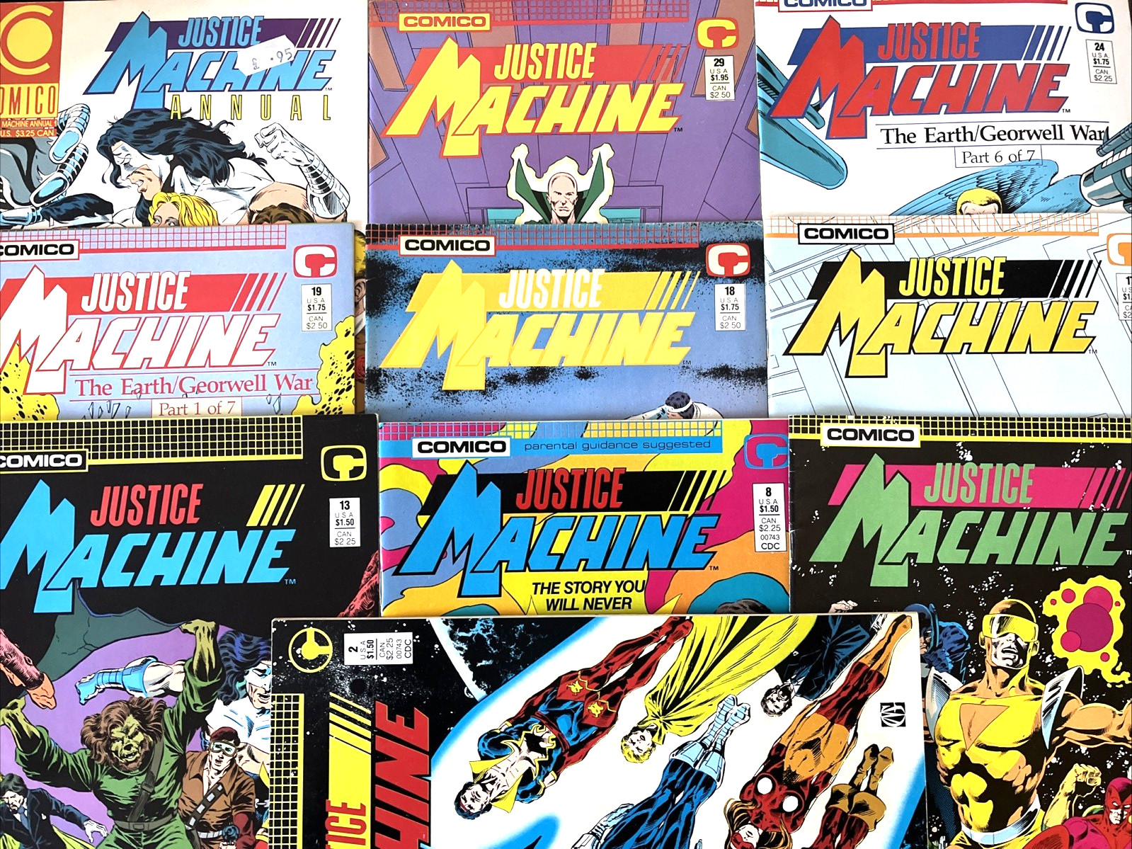 JUSTICE MACHINE. NUMBER'S 2-3 8 13 17-19 24 + ANNUAL. (10 ISSUE 1987-89  LOT).