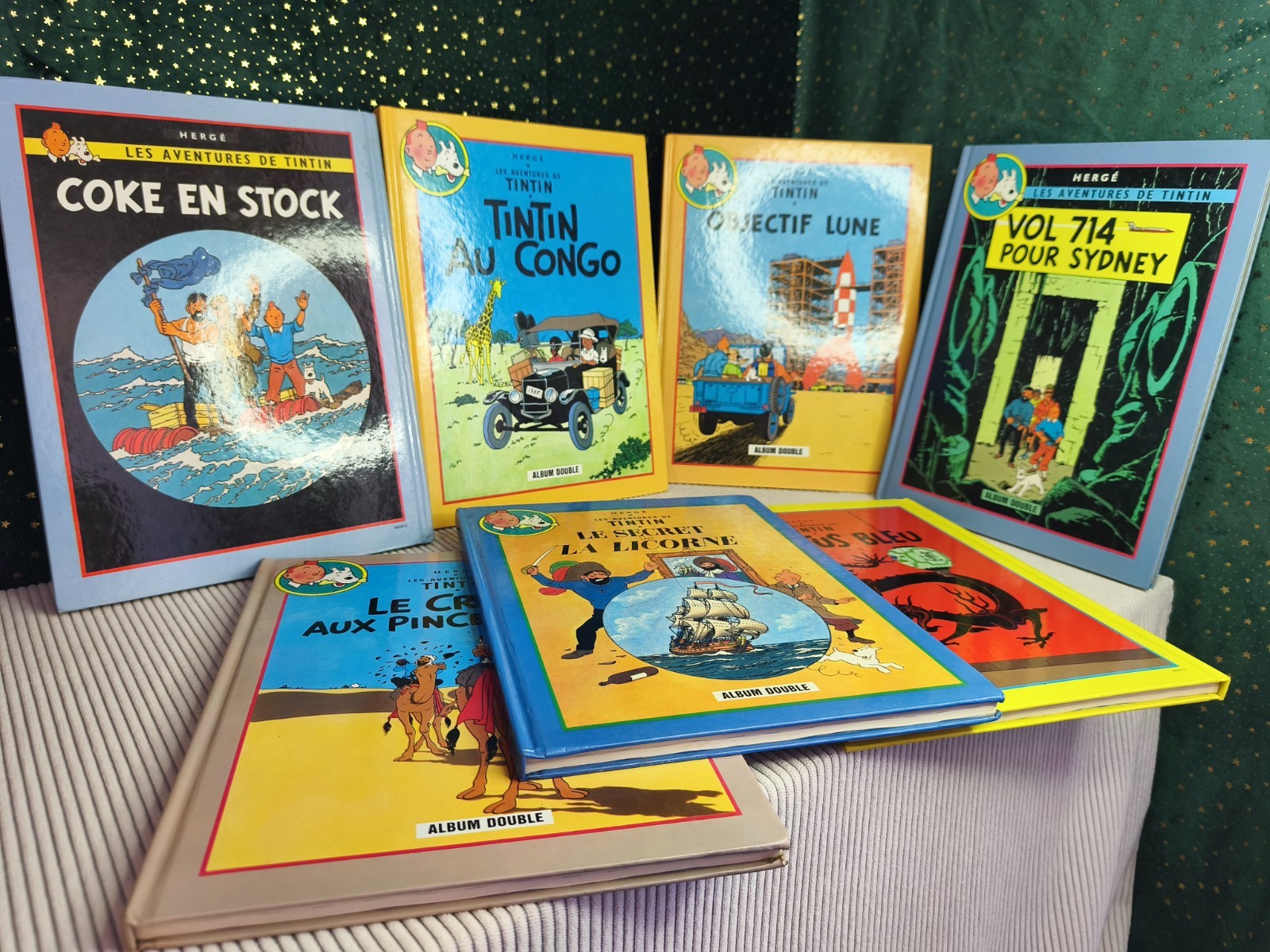 Hergé Les Aventures de Tintin lot albums: Objectif Lune, Lotus Bleu, Congo…