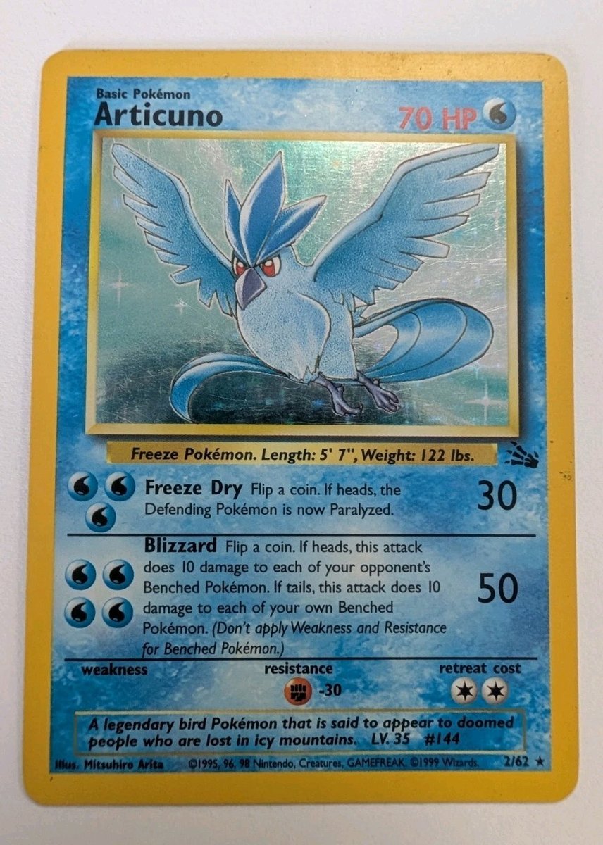 Pokemon Vintage Fossil Unlimited Articuno HOLO Raro 2/62 LP - Condizione EX