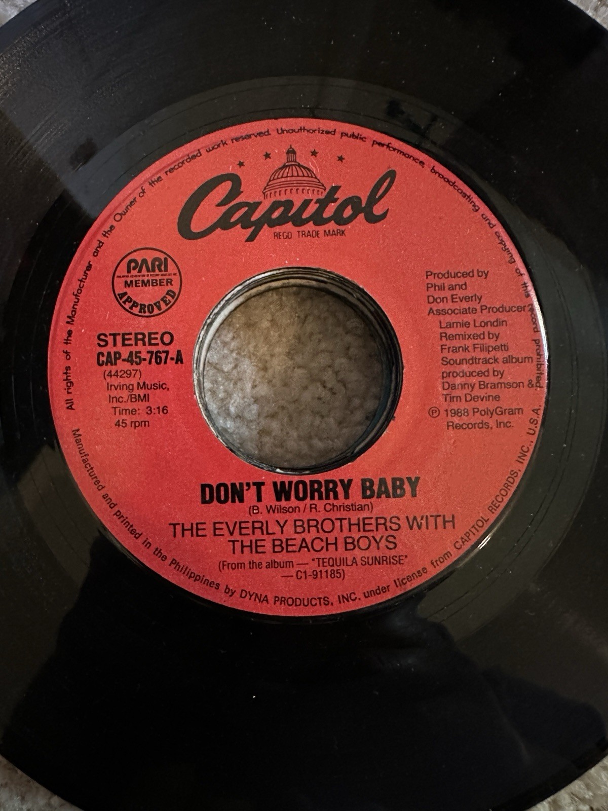 The Everly Brothers 45 rpm Philippines 7" Dont Worry Baby The Beach Boys