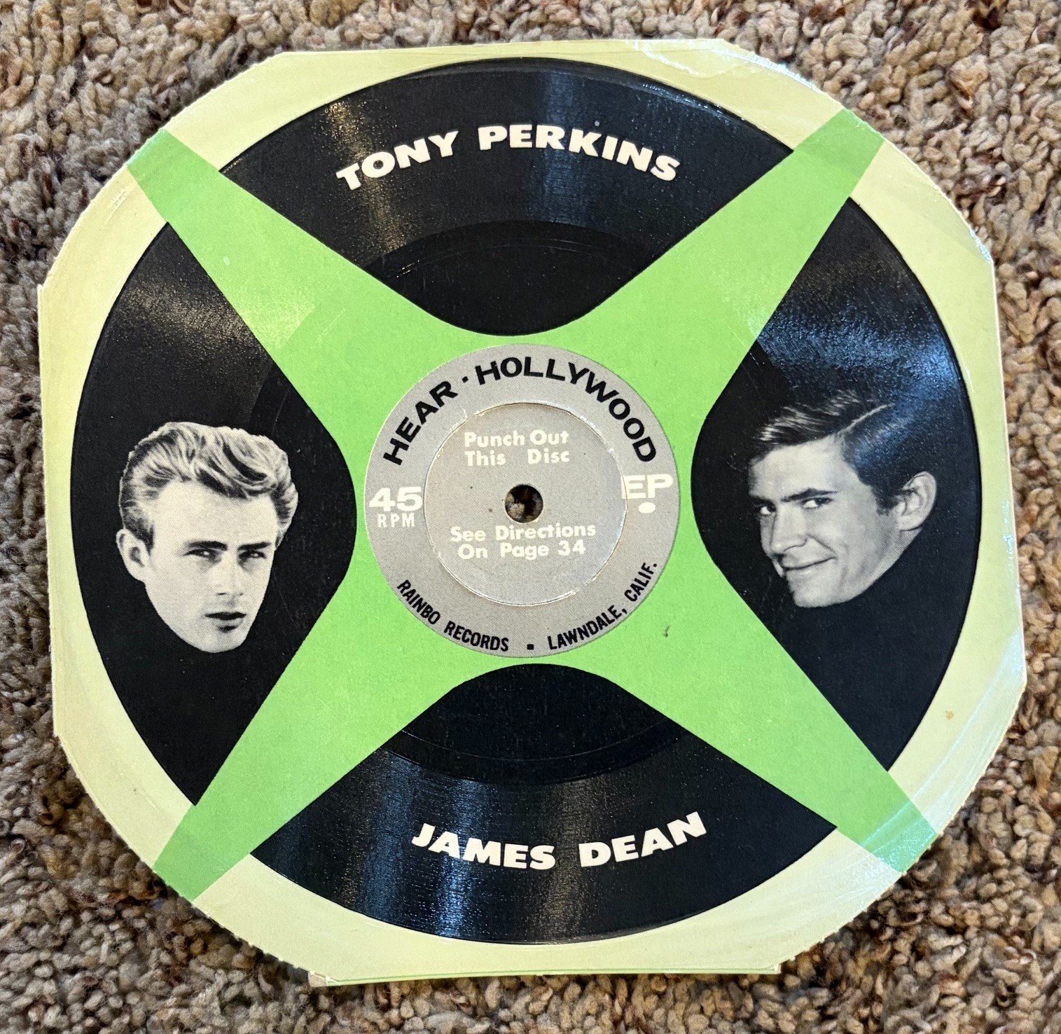 RARE 1950's Cardboard 45rpm RECORD - TONY PERKINS / JAMES DEAN
