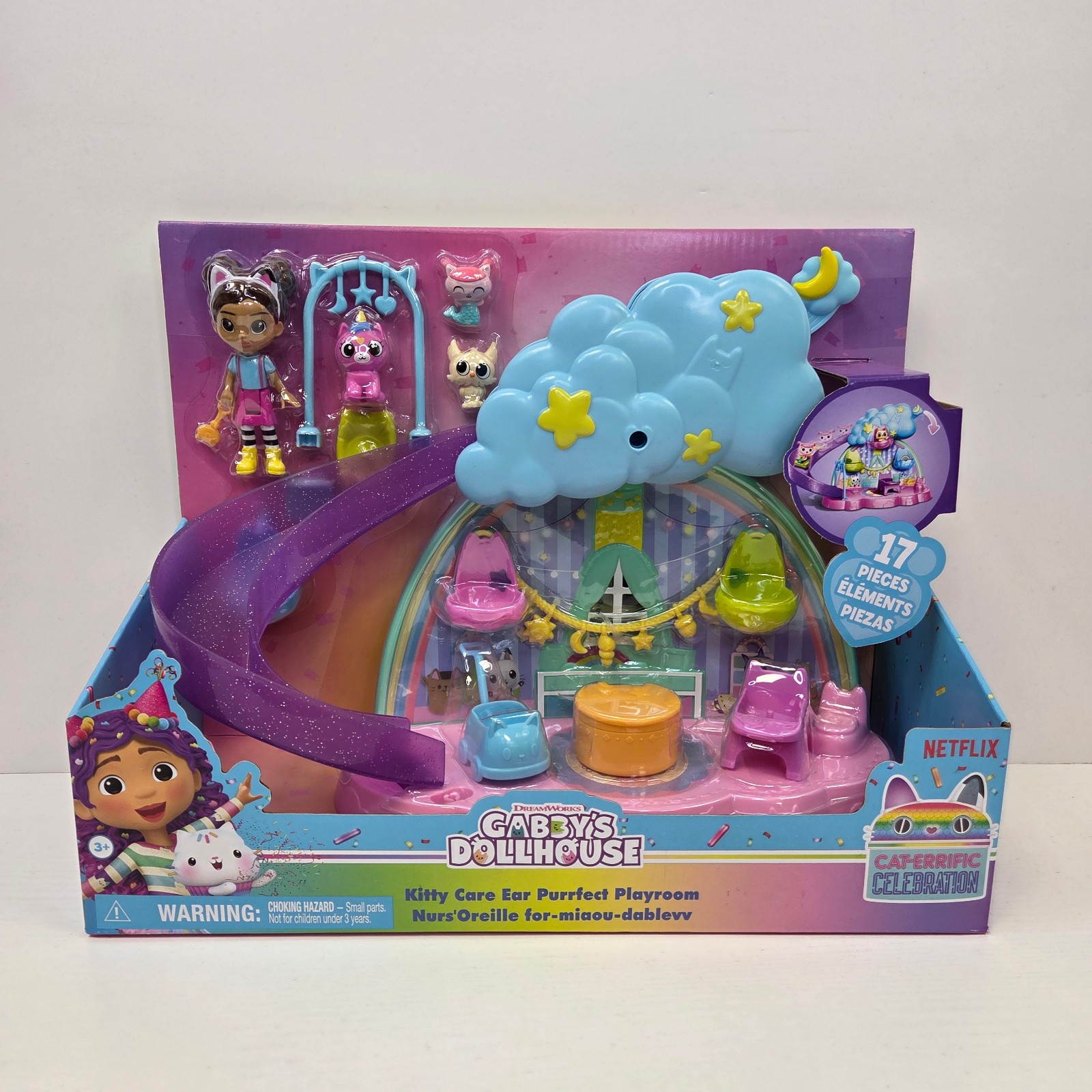 Gabby's Dollhouse Kitty Care Ear Playset sala giochi perfetto con 4 personaggi nuovo