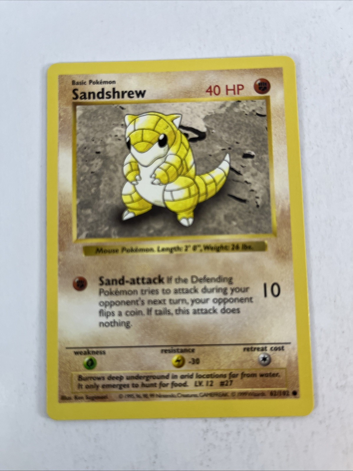 Pokémon Sandshrew 62/102 Set Base Senza Ombre Regolare Comune Vintage 1999 WOTC