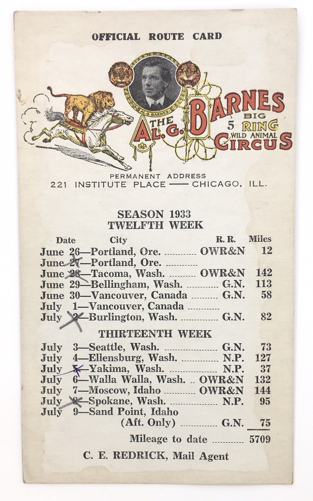 Al G. Barnes Circus Route Card stagione 1933 dodicesima settimana Pacifico nord-ovest 12-13