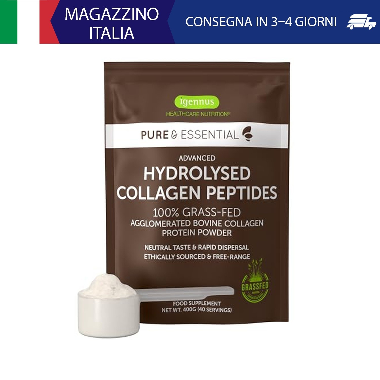 Igennus 100% Collagene Idrolizzato, Peptidi di Collagene Grass Fed, 400gr | Coll