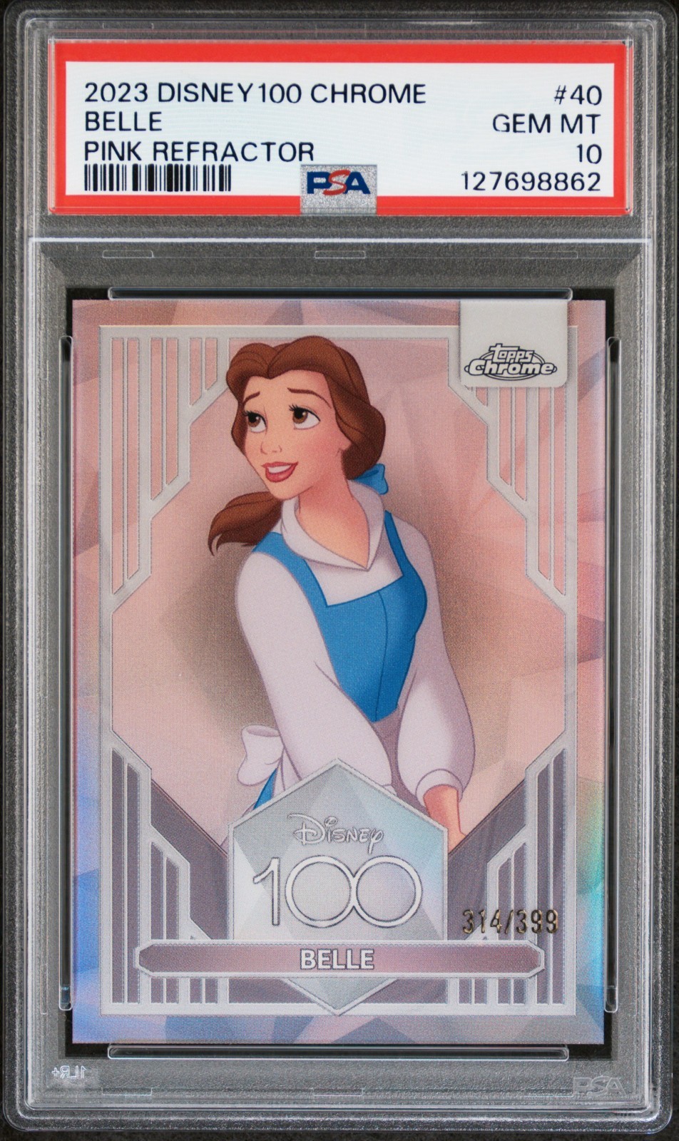 BELLE 2023 TOPPS CHROME DISNEY 100 PRIMO ANNO RIFRATTORE ROSA SP 314/399 PSA 10
