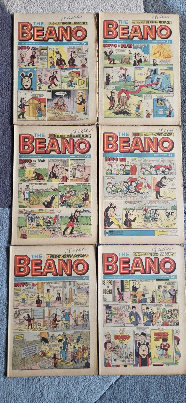 6 x Consecutive Beano Comics 1971 (#1520–#1525) Vintage 70s Job Lot Biffo  