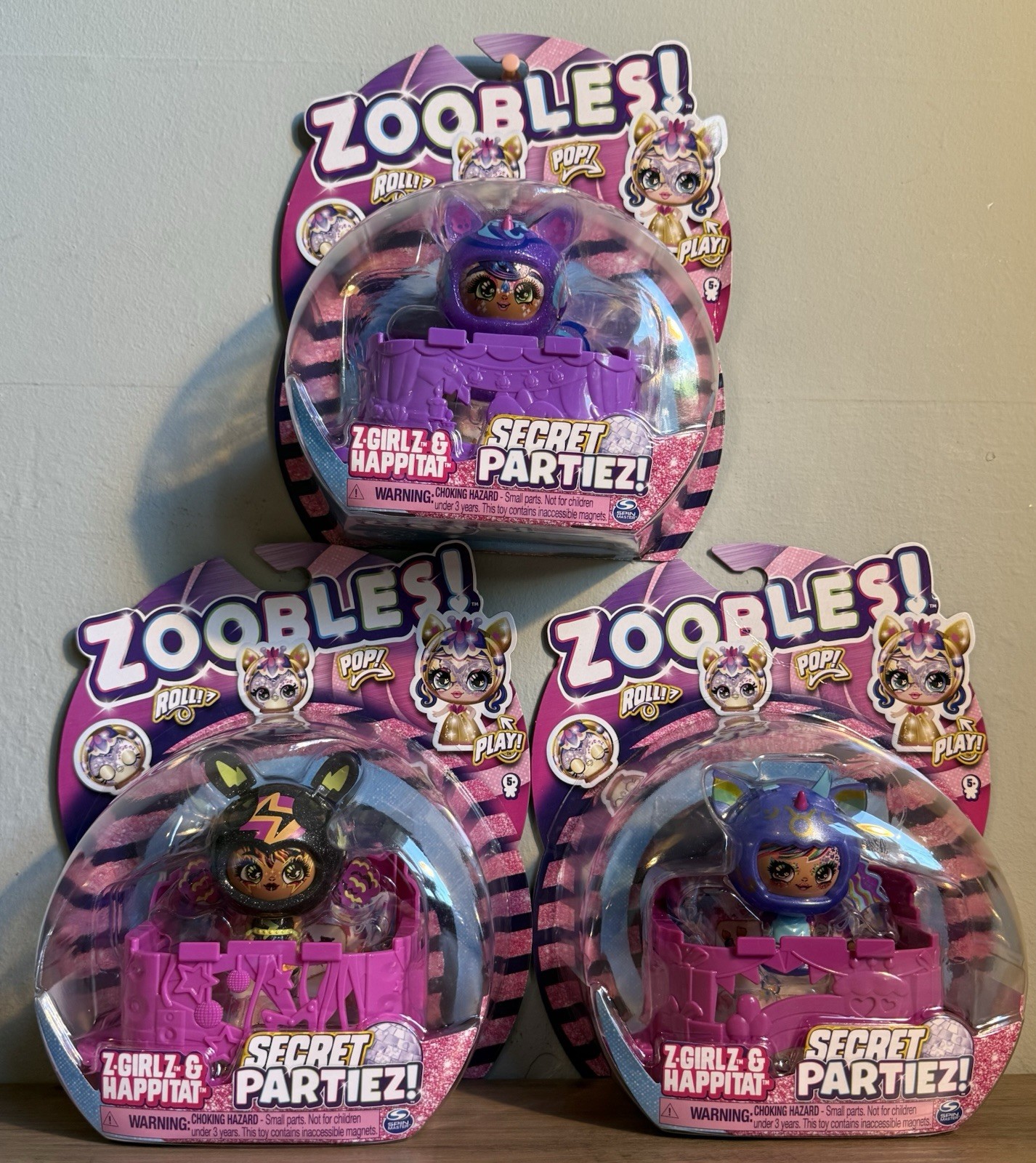 Zoobles Spin Master! Secret Partiez Z-Girlz & Happitat Confezione da 3 Bundle Set Nuovo
