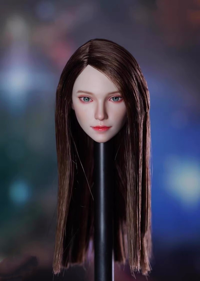 Scultura testa capelli castani lunghi femmina 1/6 per corpo action figure 12" PHICEN Suntan