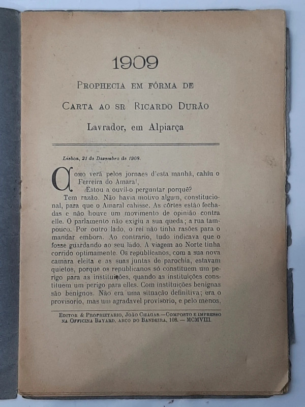 Folheto - Profecia em Forma de Carta ao Sr. Ricardo Durão, Lavrador, em Alpiarça (1909)