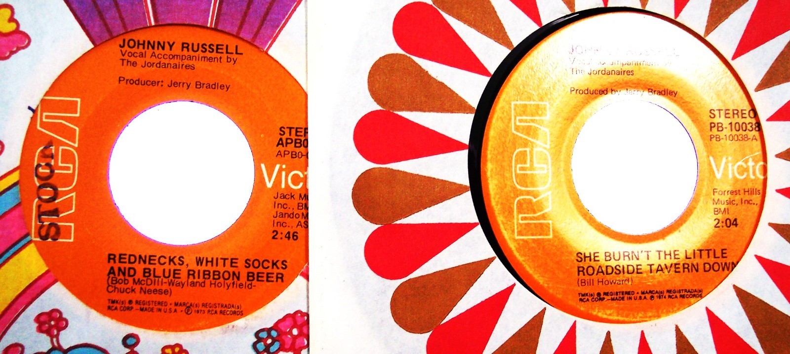 JOHNNY RUSSELL Lot of 2 RCA 45s Rednecks,White Sox, She Burnt Roadside Tavern+++