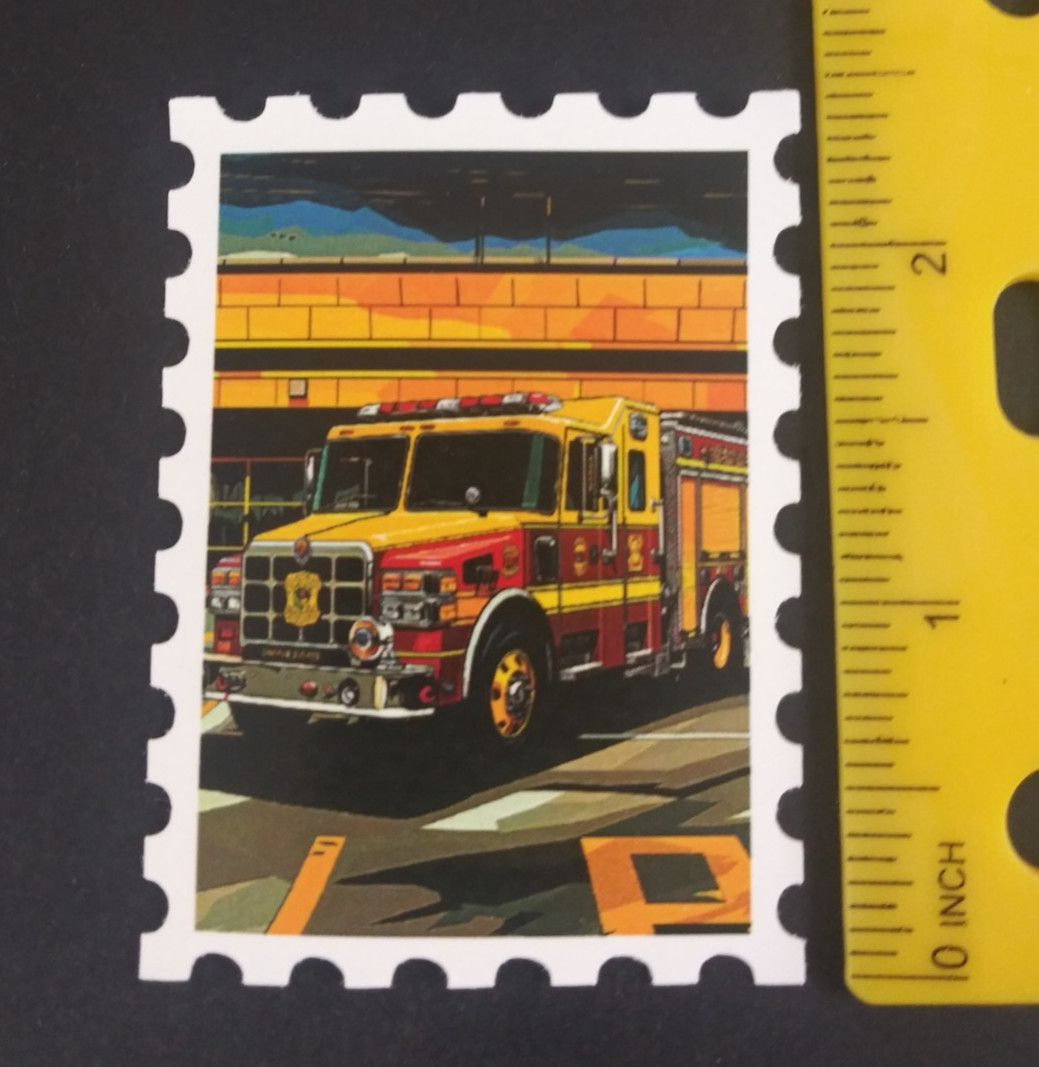 Fire Truck In The City Stamp Style Sticker (AJ)