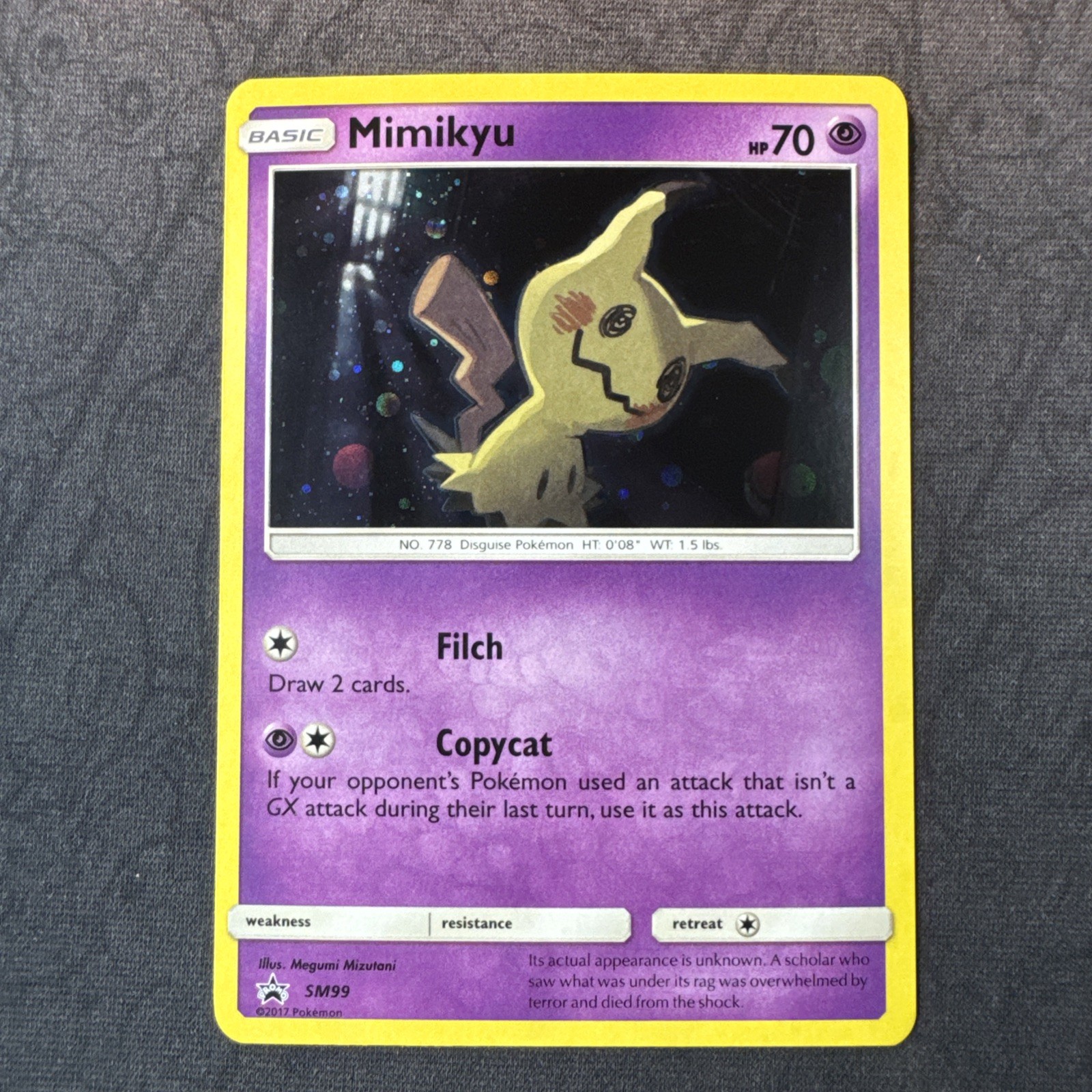 Pokemon promozionale Mimikyu SM99 Holo Sole e Luna Stella Nera