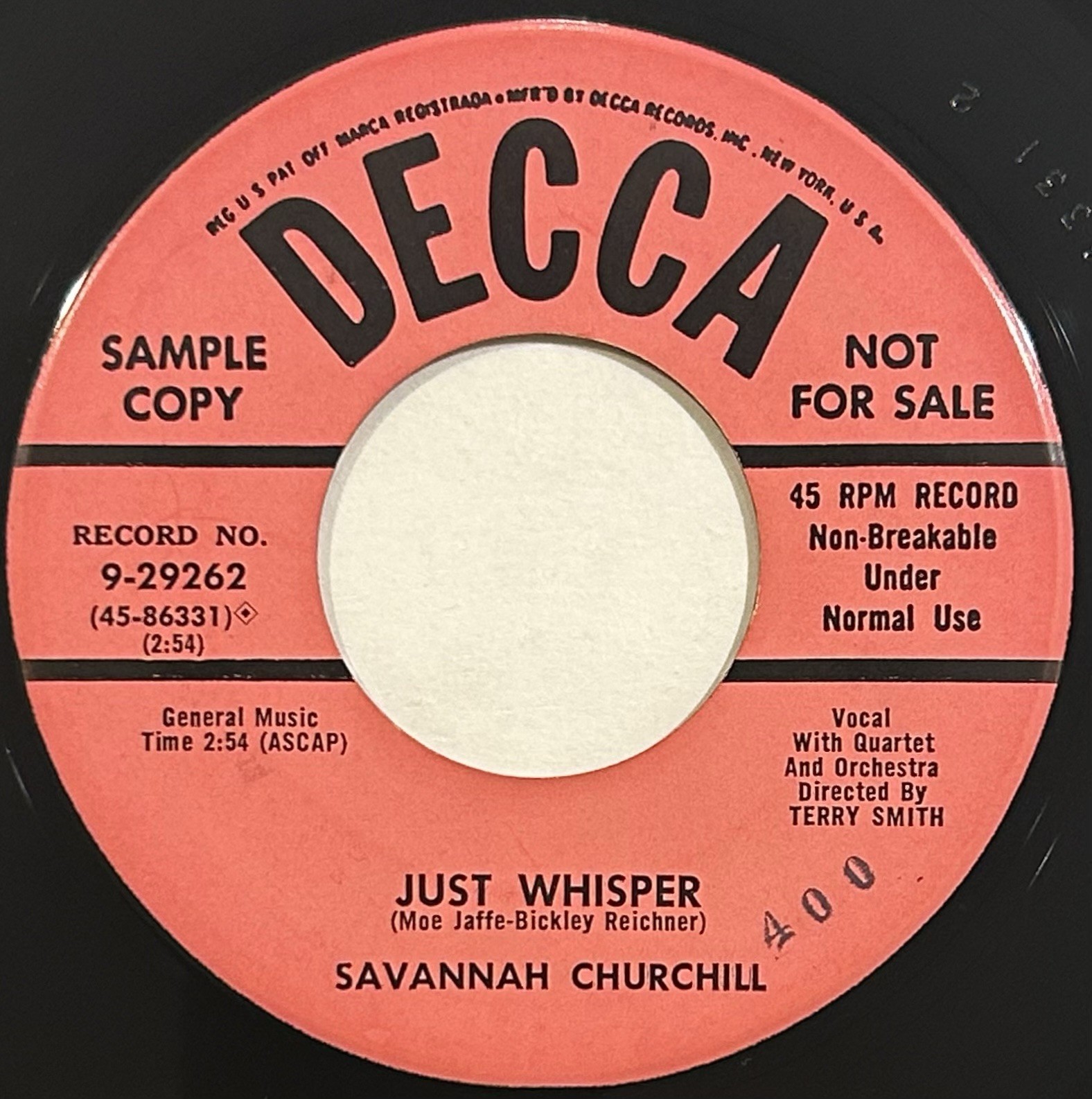 Savannah Churchill – Just Whisper – Decca - 9-29262 – 1954 45 RPM 7" Single