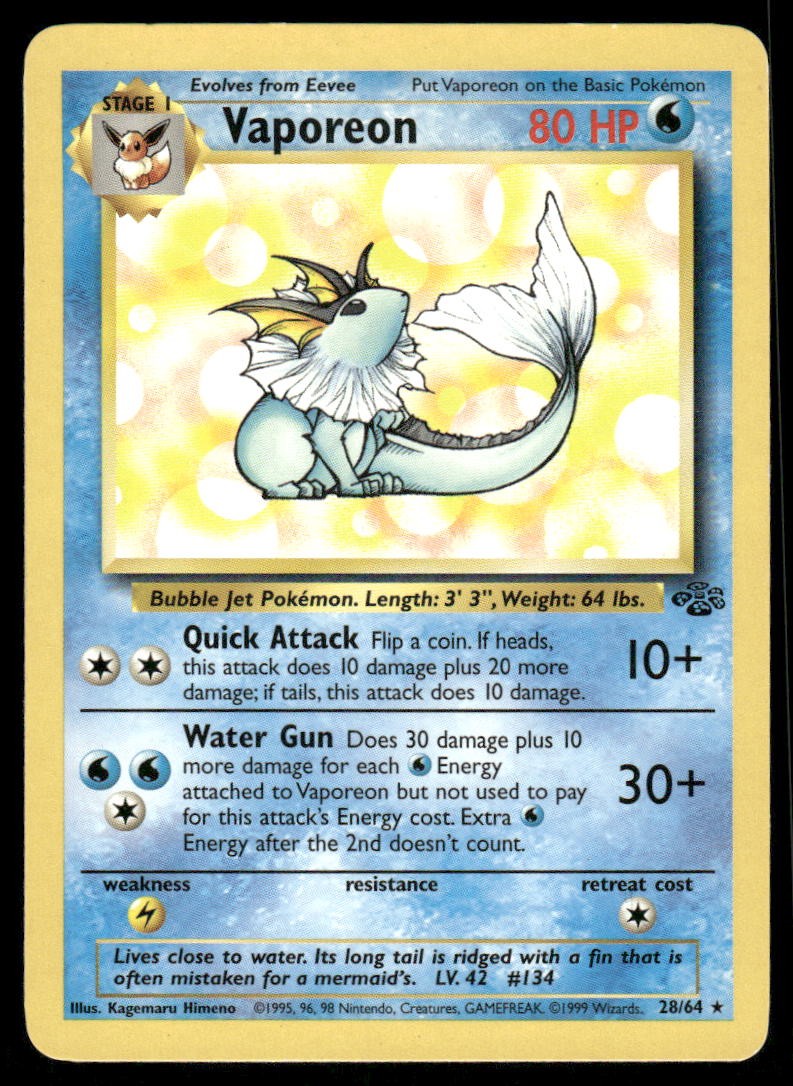 Pokemon Cards Vaporeon 28/64 Unlimited Jungle Rare LP