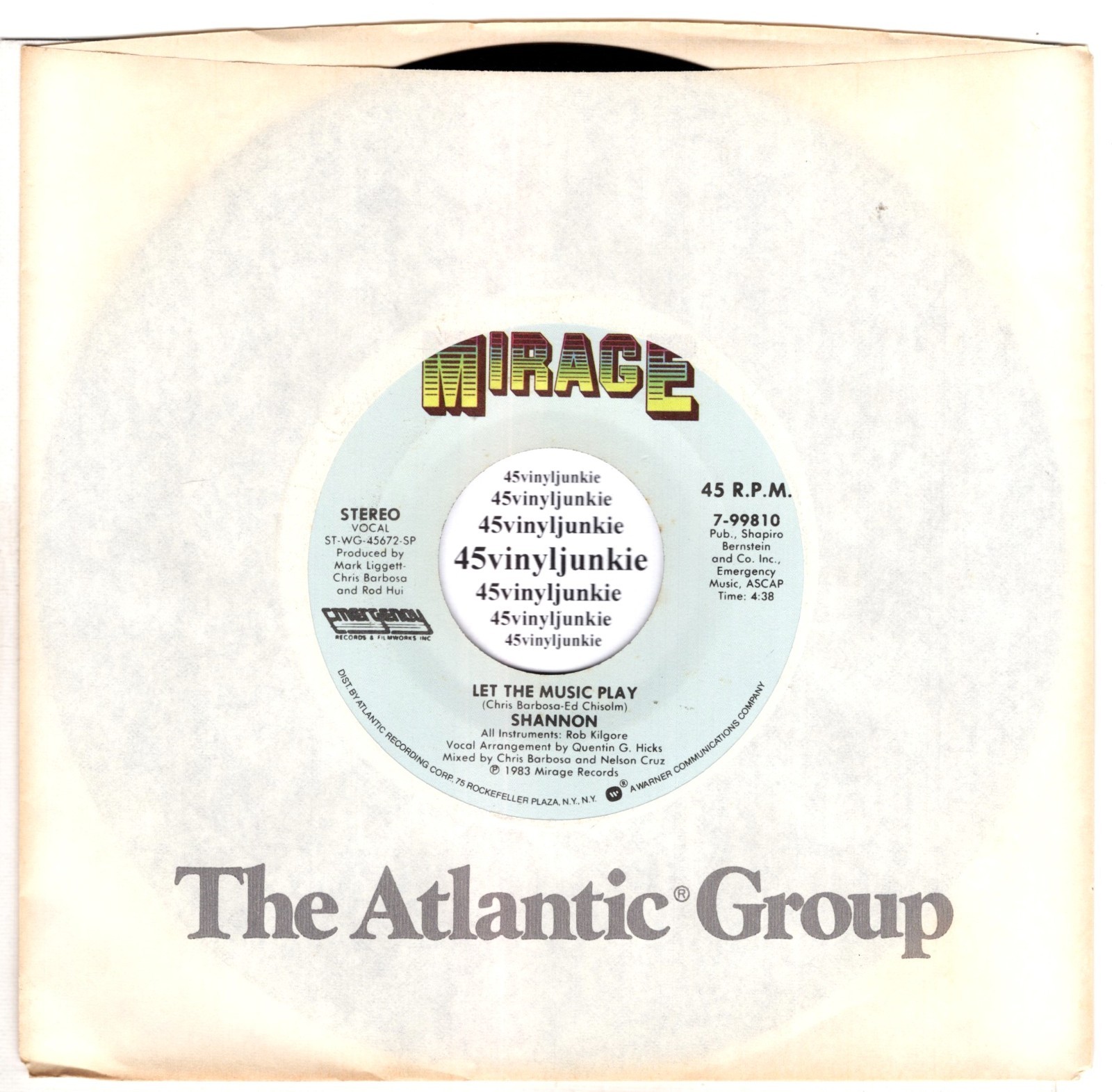 Shannon NM 45 rpm "Let The Music Play" on Mirage Records