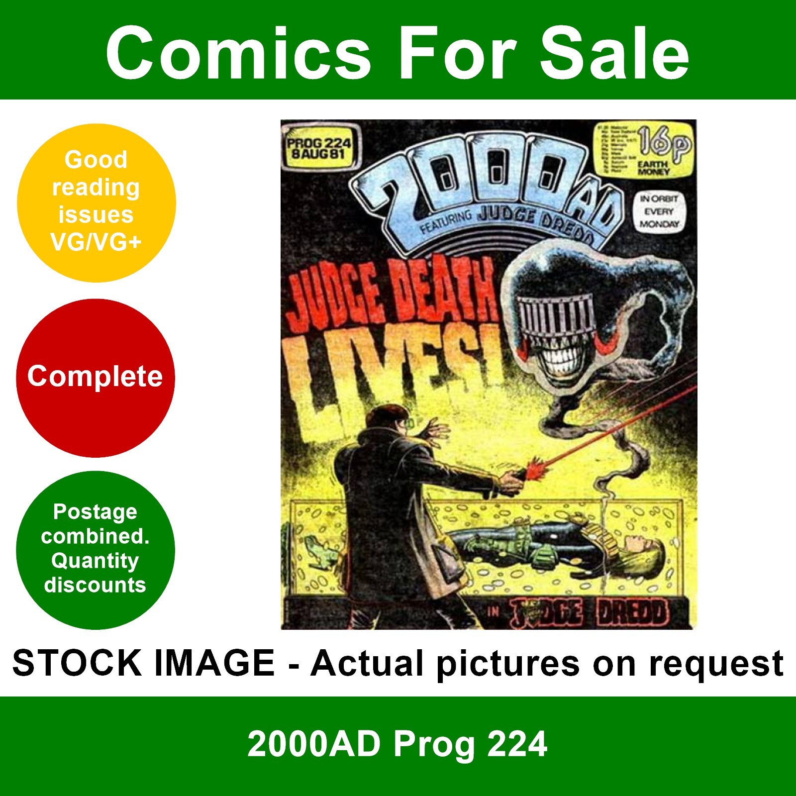 2000AD prog #224 comic - VG/VG+ - Bolland Judge Death Lives - 1981